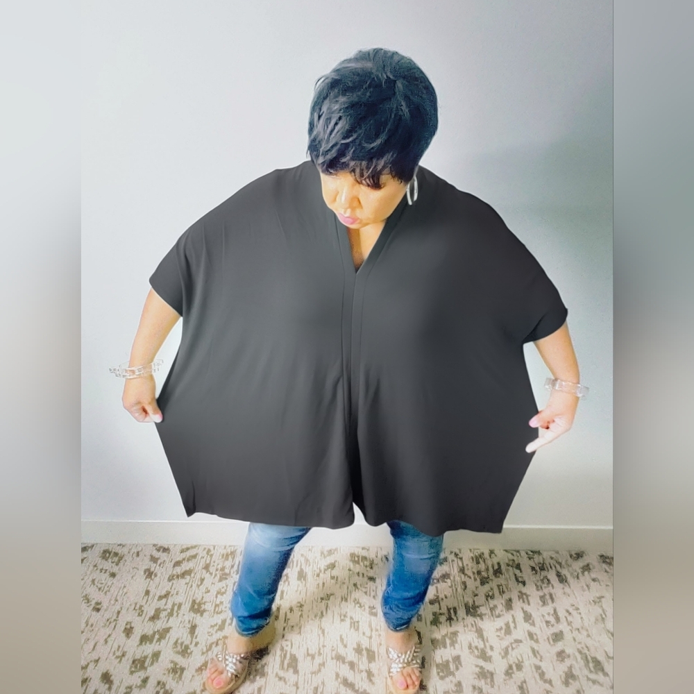 Zenana Charcoal Gray Oversized V-Neck Poncho Tunic | Flowy Stretch Top S–3X